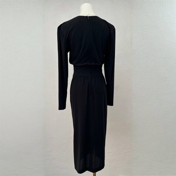 Vintage 80s Rimini Long Sleeve V-Neck Draped Tea Length Midi Black Dress Size 6 - Picture 3 of 14